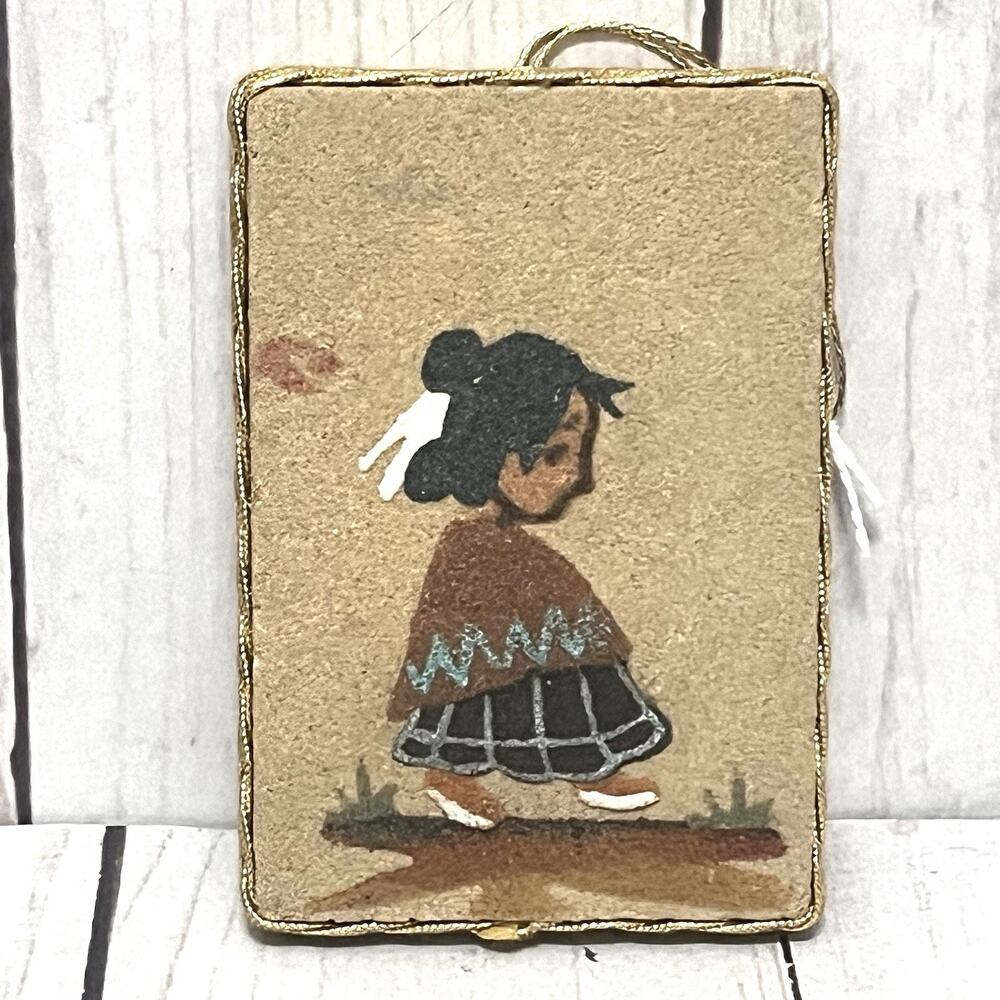 Vintage Native American Navajo Sand Art Wooden Back Ornament Young Girl Walking